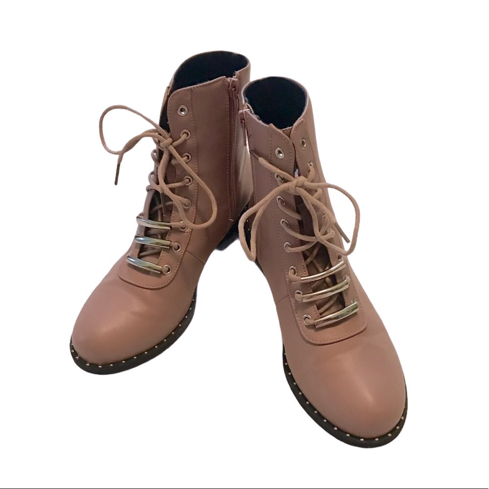 Mauve Studded Lace Up Combat Booties